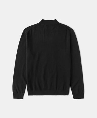 Black merino wool mock neck sweater, back view, long sleeves with ribbed cuffs