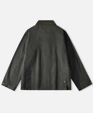 Olive canvas field jacket back view with shoulder seams and two button vents