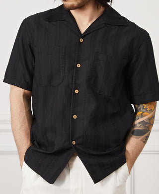 Camp-Collar Dobby Jacquard Stripe Shirt