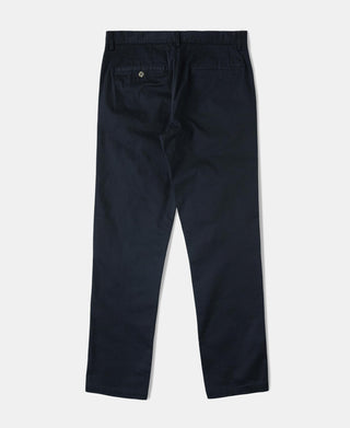 Navy cotton-blend slim tapered trousers with back yoke and waistband button
