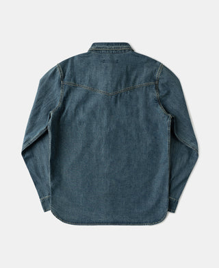 Washed denim western shirt, button-up back yoke and curved yoke seams