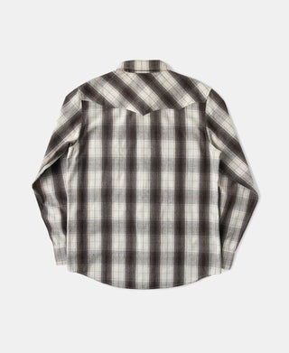 Western point-pocket plaid shirt, back view with long sleeves and dark plaid pattern.