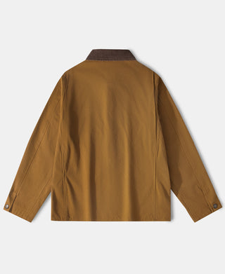 Khaki cotton canvas field hunting jacket, back view with dark collar