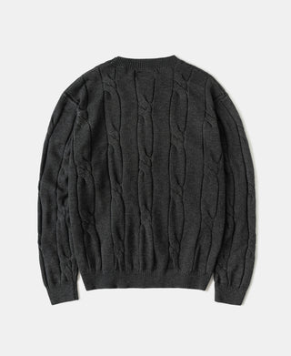 Dark gray cable-knit crewneck sweater, back view with textured knit pattern