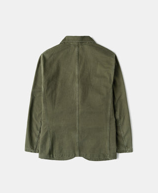Olive herringbone blazer with back yoke seam and center vent detail