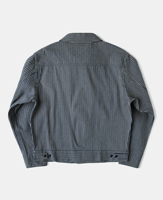 Men's striped cossack-style jacket, blue and white, back view