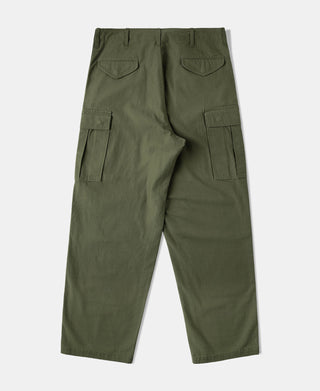 Olive cargo trousers with flap pockets on thighs and back; straight leg fit