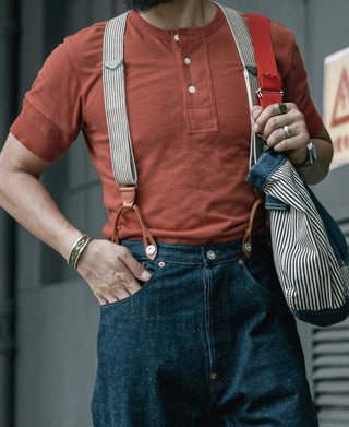 lifestyle shot of Red Short Sleeve Henley T-Shirt