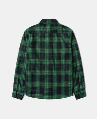 Green plaid work shirt with button back and yoke; long sleeves