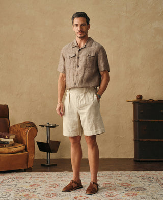 lifestyle shot of Yarn-dyed Linen Camp-Collar Shirt - Coffee