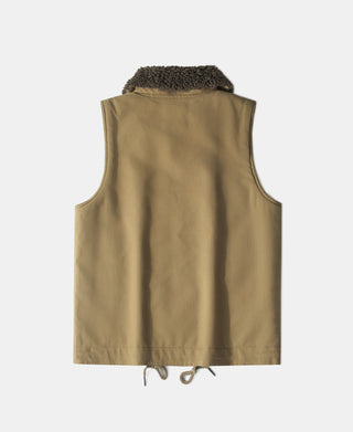 Back of khaki deck vest with a dark shearling collar and adjustable hem ties