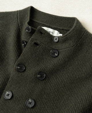 Olive knit cardigan front view with dark button row and crew neckline