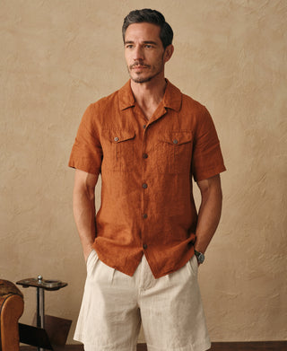 lifestyle shot of Yarn-dyed Linen Camp-Collar Shirt - Red