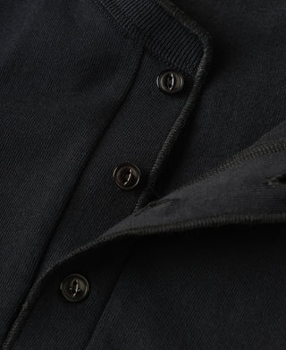Close-up of a dark charcoal knit button-up shirt showing the collar, ribbed knit texture, and dark buttons.