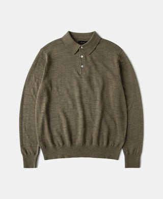 Slub Cotton Long Sleeve Knit Polo - Olive