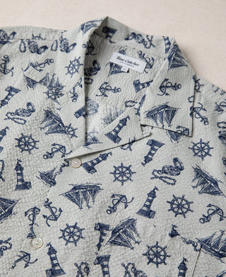 Nautical Printed Seersucker Short Sleeve Camp Shirt - Light Gray