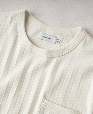 Oatmeal white ribbed crew-neck T-shirt with chest pocket detail