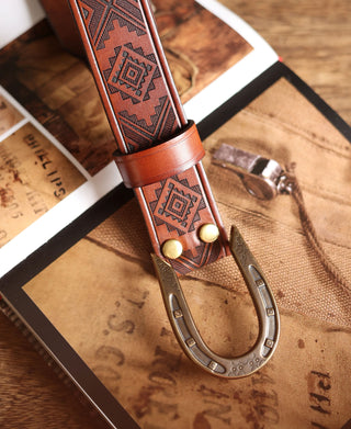 Navajo Tooled Stirrup Buckle Leather Belt - Brown