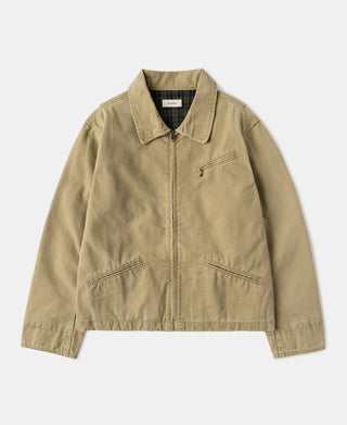 Duck canvas cossack jacket in washed khaki, zip-front with point collar and chest pocket tabs