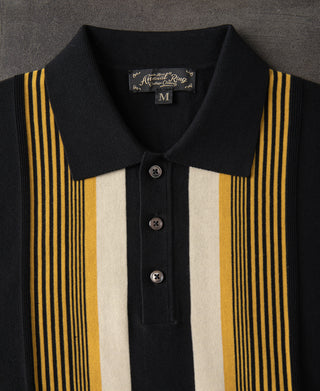 1960s Retro Striped Knit Polo - Black