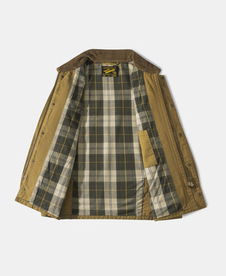 Khaki field jacket open front showing plaid flannel lining and interior pocket