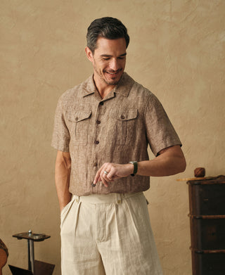 lifestyle shot of Yarn-dyed Linen Camp-Collar Shirt - Coffee
