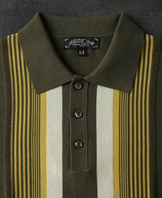 1960s Retro Striped Knit Polo - Olive