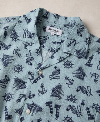 Nautical Printed Seersucker Short Sleeve Camp Shirt - Light Blue