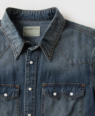 Slub Denim Snap Button Western Shirt - Washed Indigo