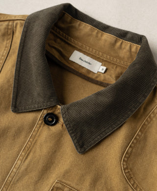Khaki jacket close-up of dark corduroy collar and top button