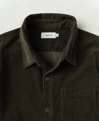Rosin green cotton corduroy shirt with pointed collar, two-button placket, chest pocket