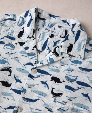 Marine Life Printed Seersucker Short Sleeve Camp Shirt - White