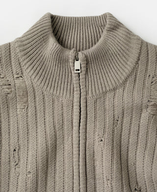 Distressed Wool Blend Zip-Up Sweater