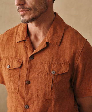 lifestyle shot of Yarn-dyed Linen Camp-Collar Shirt - Red