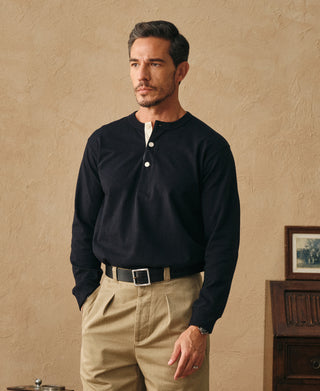 1930s 10.5 oz Cotton Loopwheel Tubular Henley Shirt - Black