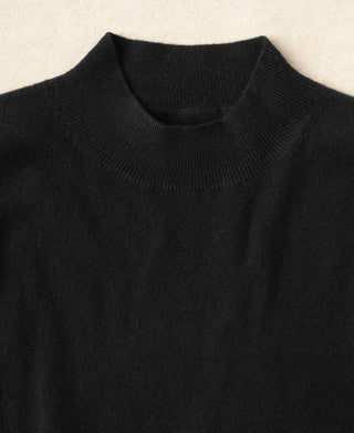 Black mock neck sweater collar with fine rib knit texture