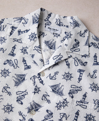 Nautical Printed Seersucker Short Sleeve Camp Shirt - White