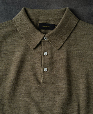 Slub Cotton Long Sleeve Knit Polo - Olive