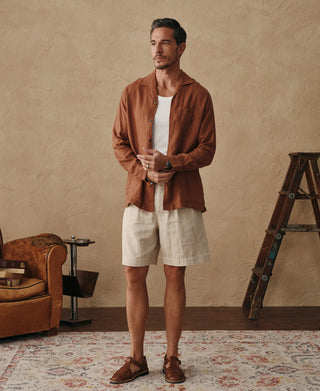 1950s Italian Collar Long-Sleeve Linen Shirt - Brown
