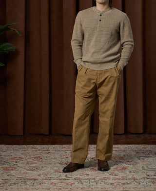 Textured Melange Knit Henley Shirt - Brown Beige