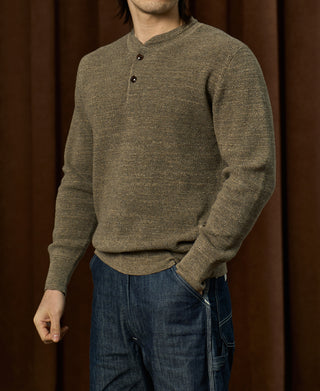 Textured Melange Knit Henley Shirt - Olive