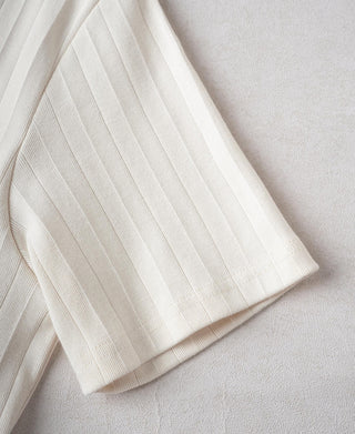 Oatmeal white ribbed cotton T-shirt sleeve and hem with soft curved cuff