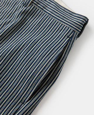 Striped work trousers side view, blue and off-white vertical pinstripes, waistband seam.