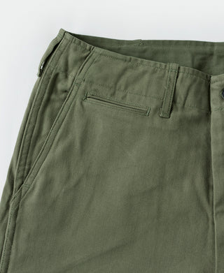 Olive fatigue trousers waistband with front zipper, belt loops, and pocket