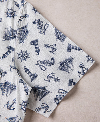Nautical Printed Seersucker Short Sleeve Camp Shirt - White