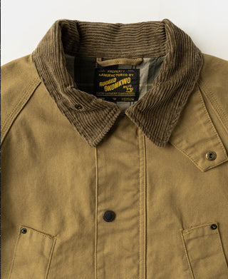 Khaki field jacket close-up of ribbed collar and brand label at button placket