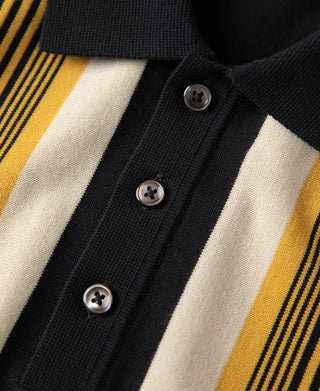 1960s Retro Striped Knit Polo - Black