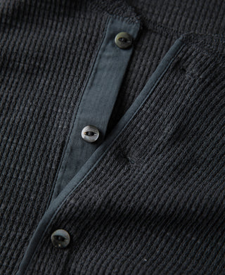 Honeycomb Waffle Knit Henley Long Sleeve T-Shirt - Vintage Black