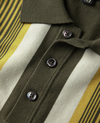 1960s Retro Striped Knit Polo - Olive