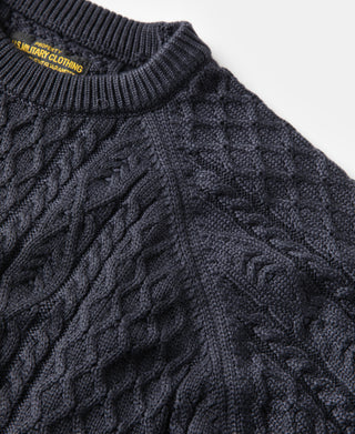 Aran Cable Knit Fisherman Sweater - Gray Blue